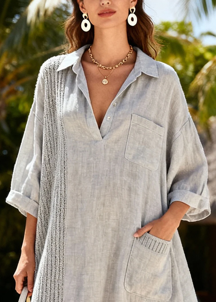 Women Grey Oversized Patchwork Cotton Shirt Dresses Spring - Image 2