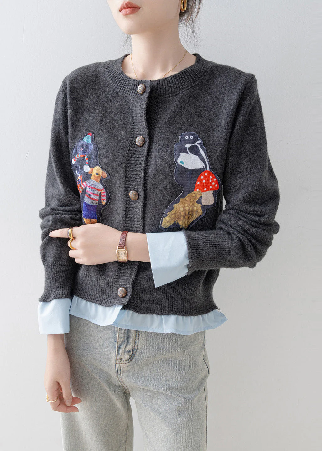 Women Grey Oversized Patchwork Knit Fake Two Piece Cardigan Winter - Image 2