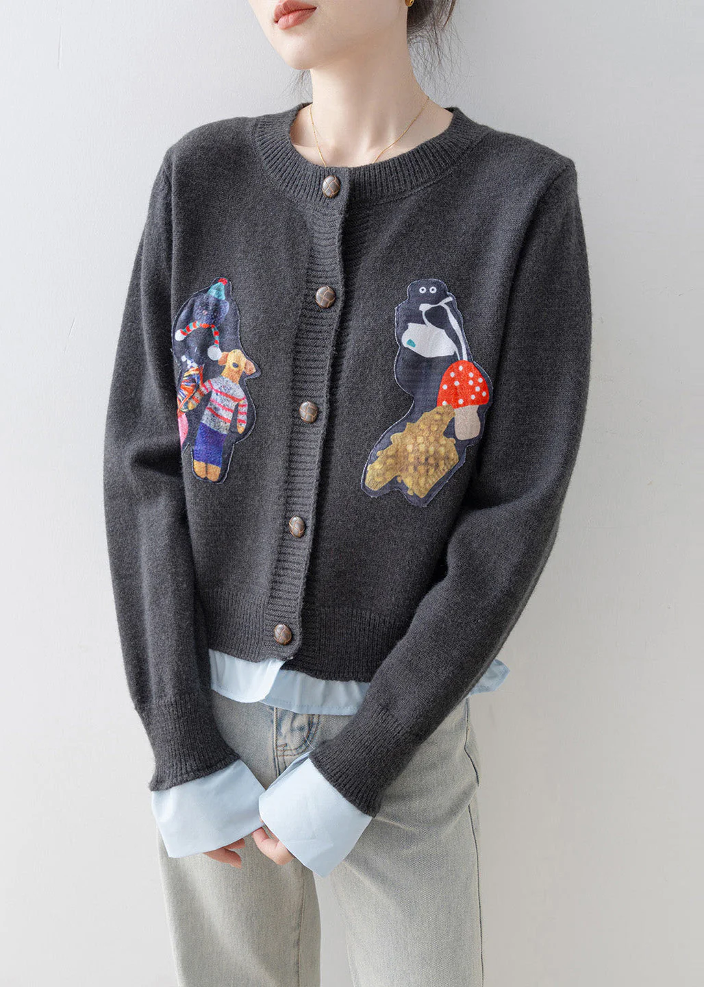 Women Grey Oversized Patchwork Knit Fake Two Piece Cardigan Winter - Image 4