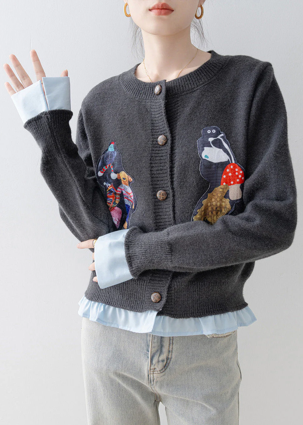 Women Grey Oversized Patchwork Knit Fake Two Piece Cardigan Winter - Image 5