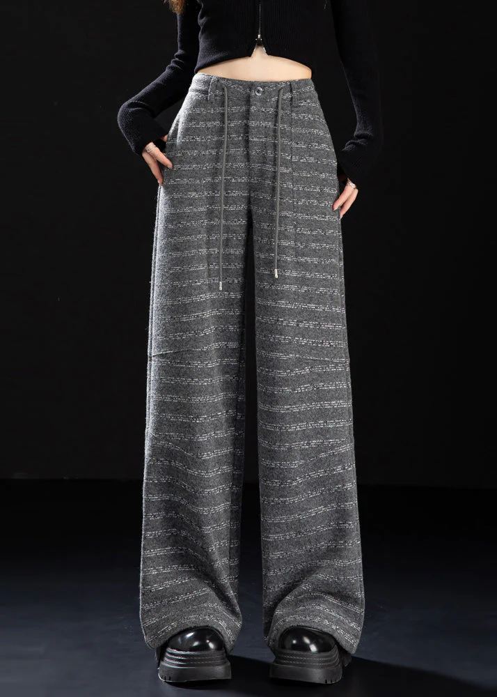Women Grey Oversized Striped Woolen Straight Pants Winter - Image 2
