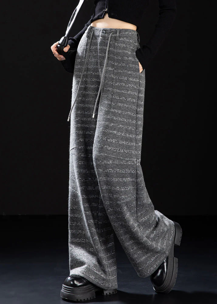 Women Grey Oversized Striped Woolen Straight Pants Winter - Image 3