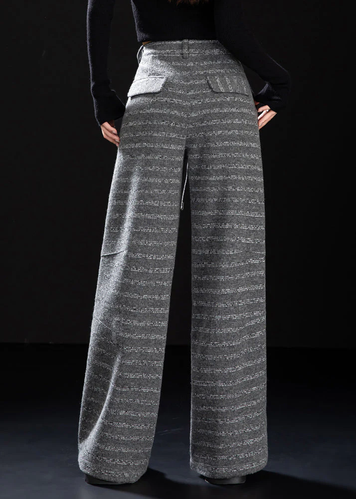Women Grey Oversized Striped Woolen Straight Pants Winter - Image 4