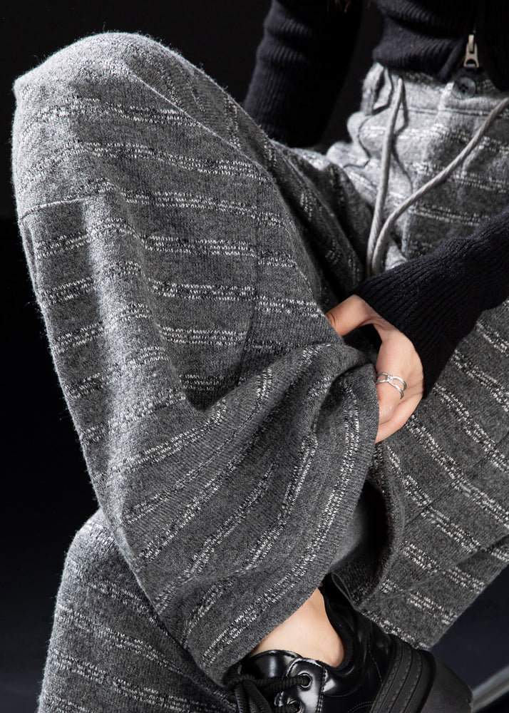 Women Grey Oversized Striped Woolen Straight Pants Winter - Image 5