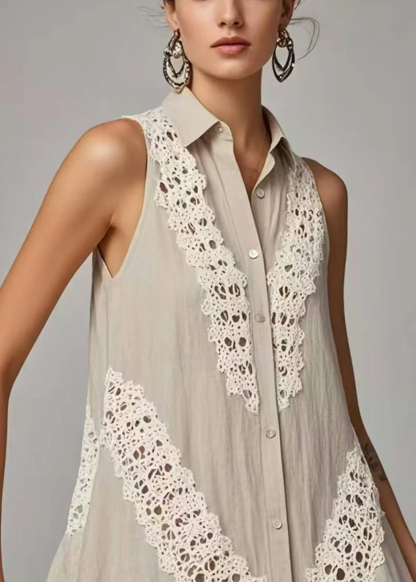 Women Grey Peter Pan Collar Patchwork Lacen Day Dress Sleeveless - Image 2