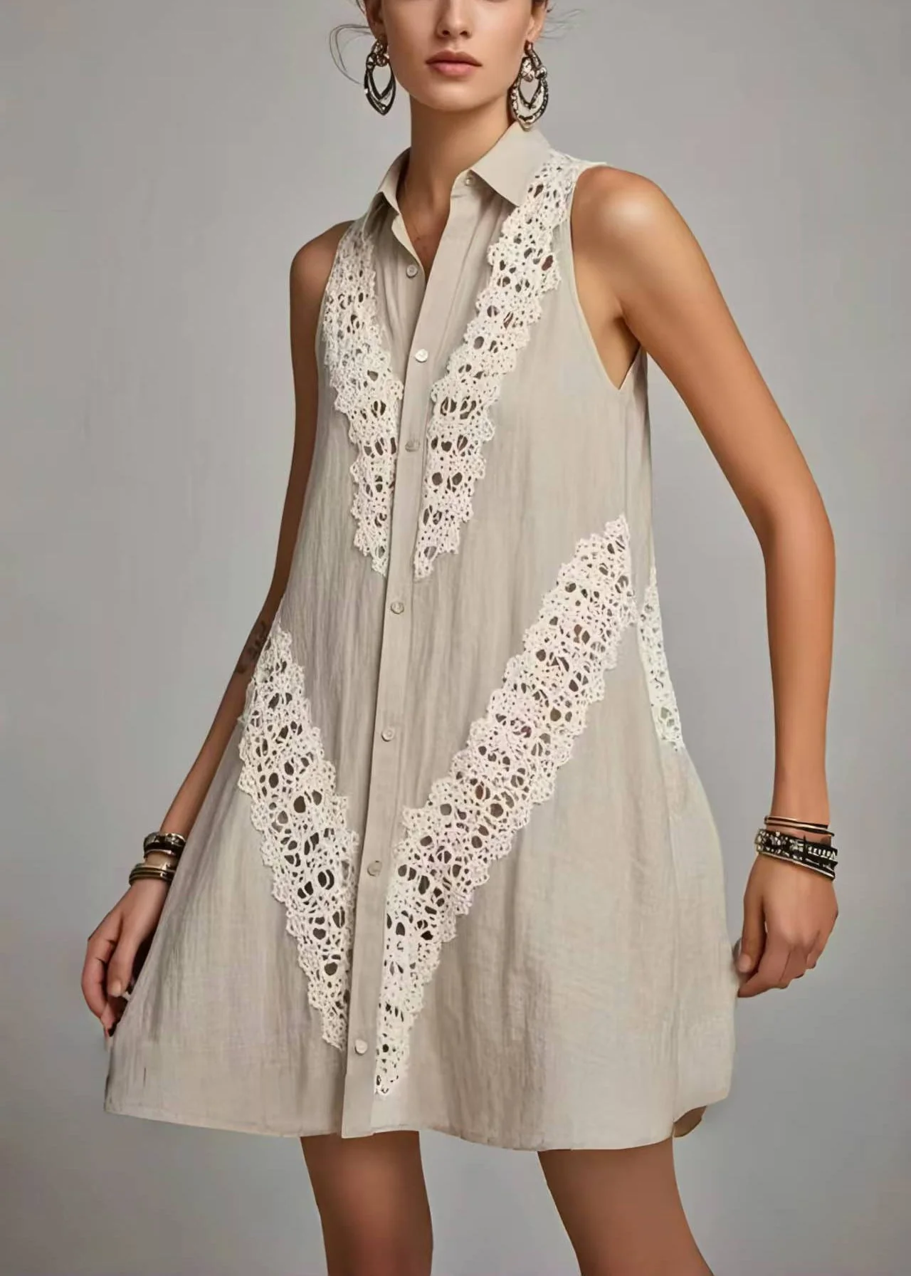 Women Grey Peter Pan Collar Patchwork Lacen Day Dress Sleeveless - Image 3