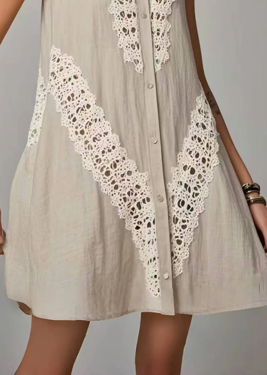 Women Grey Peter Pan Collar Patchwork Lacen Day Dress Sleeveless - Image 4