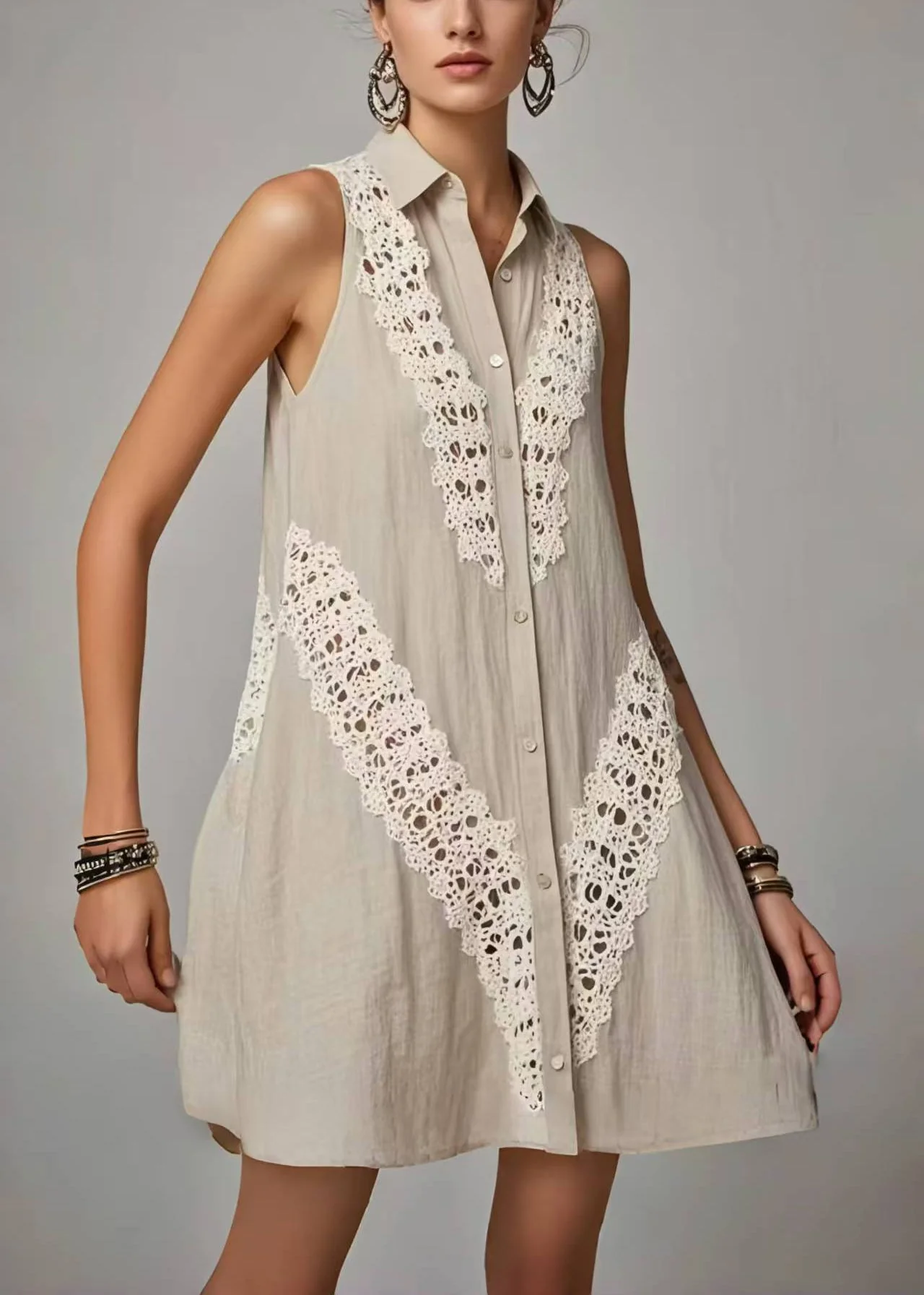 Women Grey Peter Pan Collar Patchwork Lacen Day Dress Sleeveless - Image 5