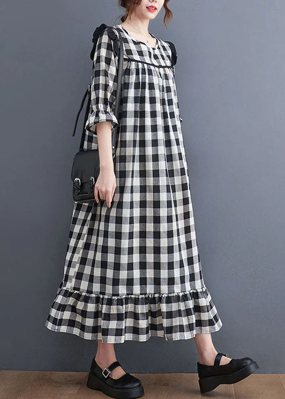 Women Grey Plaid Ruffled Patchwork Ruffles Cotton Dresses Summer - Image 2