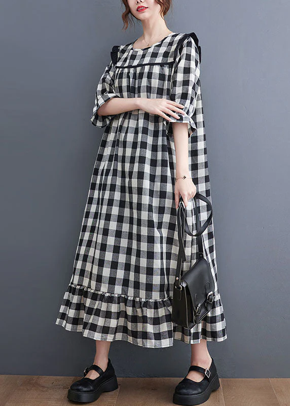 Women Grey Plaid Ruffled Patchwork Ruffles Cotton Dresses Summer - Image 4