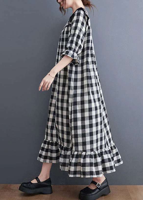 Women Grey Plaid Ruffled Patchwork Ruffles Cotton Dresses Summer - Image 5