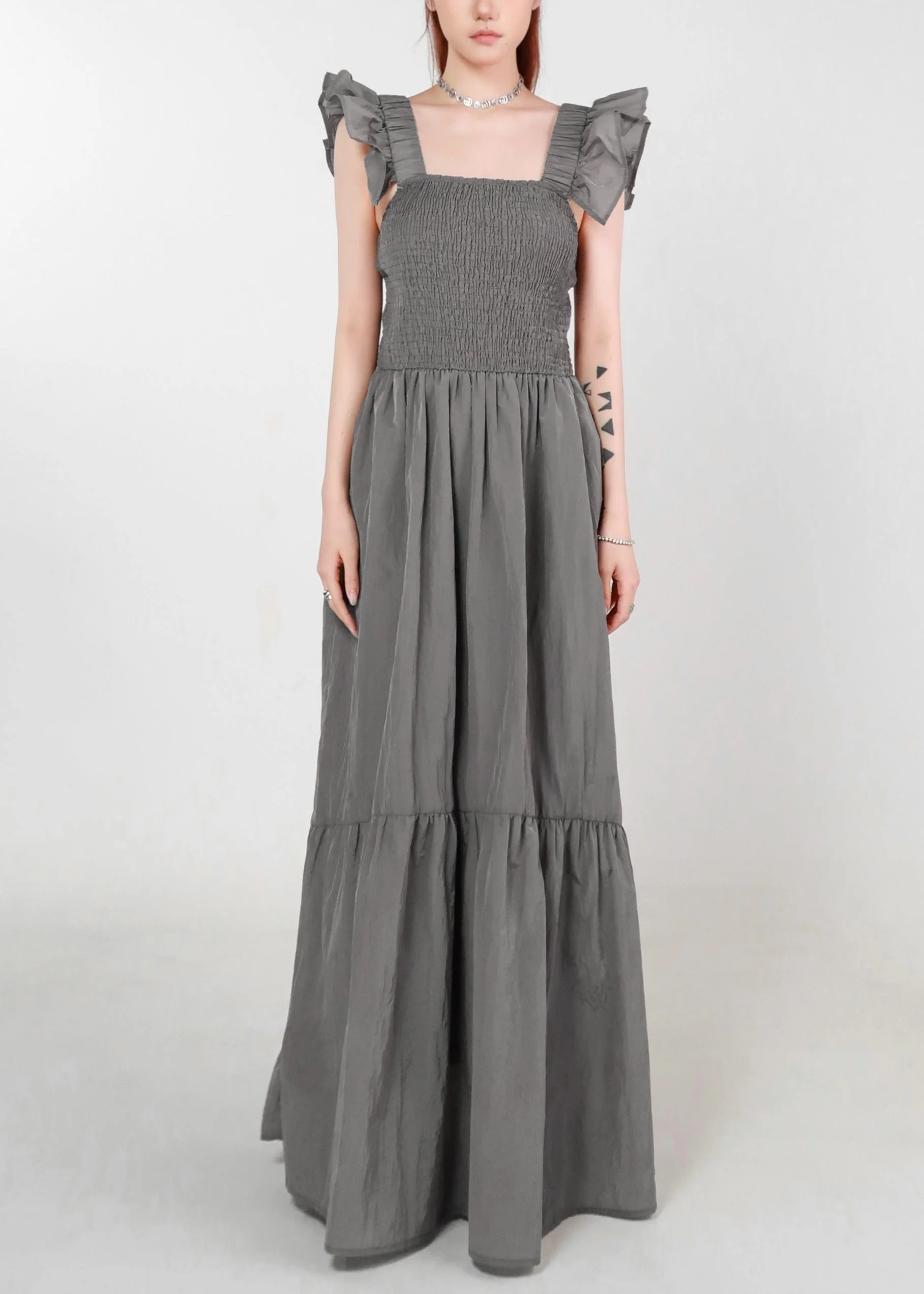 Women Grey Pockets High Waist Cotton Long Dress Summer - Image 2