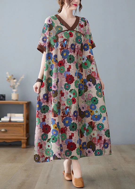 Women Grey Print Patchwork Maxi Dresses Short Sleeve - Image 2