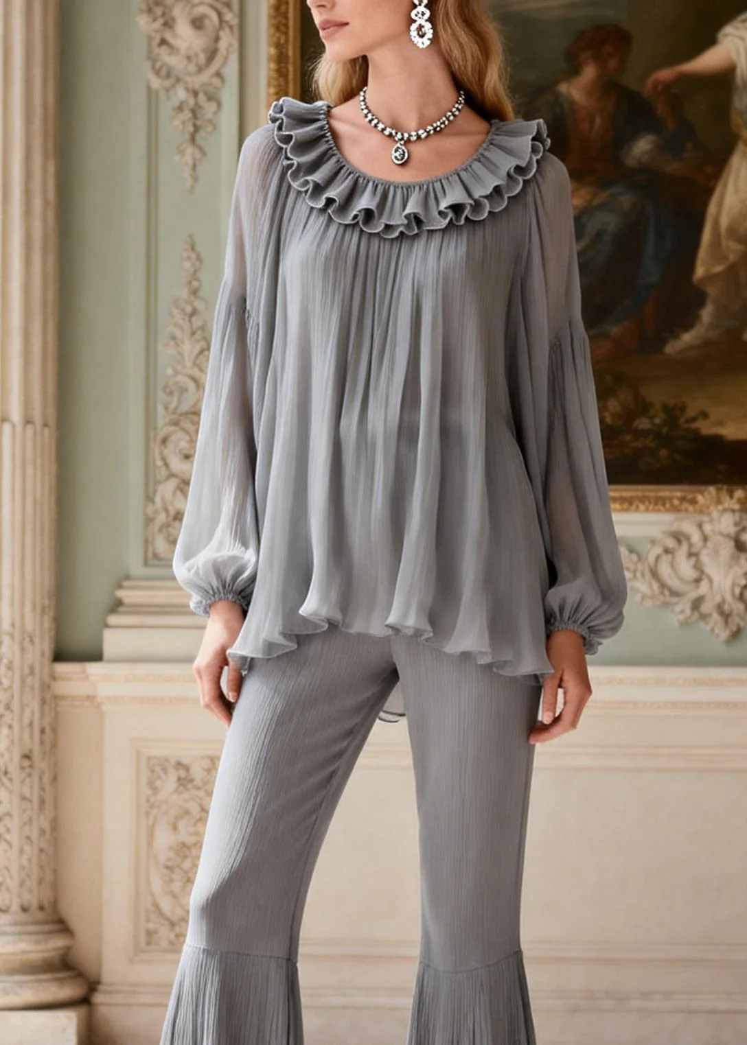 Women Grey Ruffled Patchwork Linen Silk 2 Piece Outfit Spring - Image 3