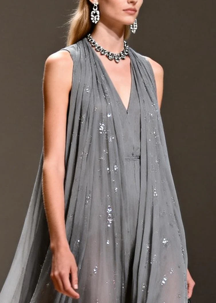 Women Grey Sequins Chiffon Long Dress Sleeveless - Image 2
