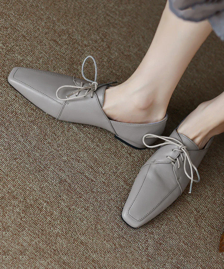 Women Grey Sheepskin Lace Up Splicing Square Toe Flat Shoes