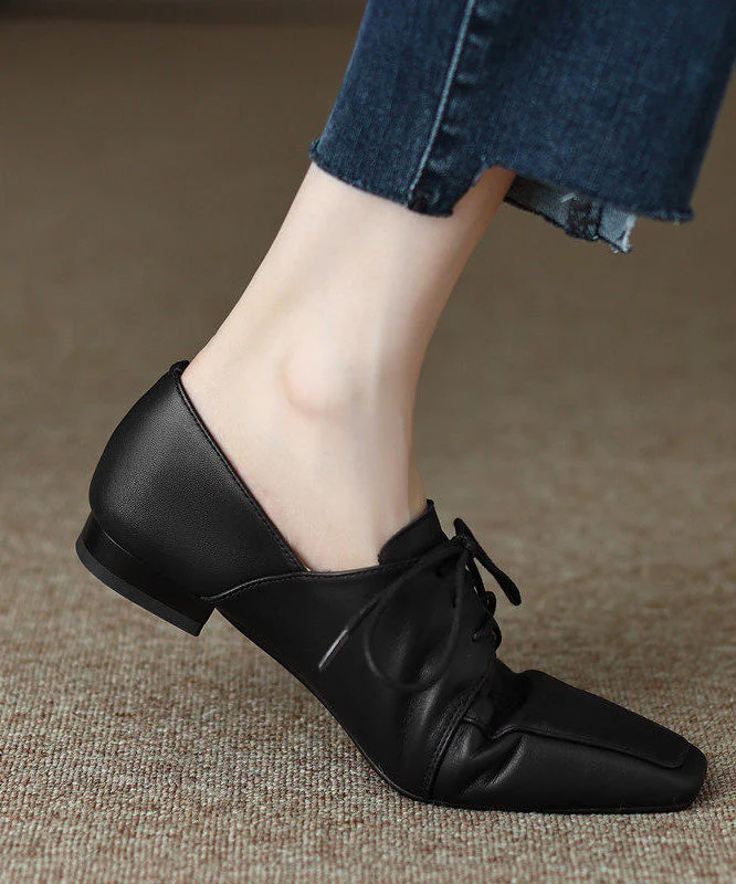 Women Grey Sheepskin Lace Up Splicing Square Toe Flat Shoes - Image 2