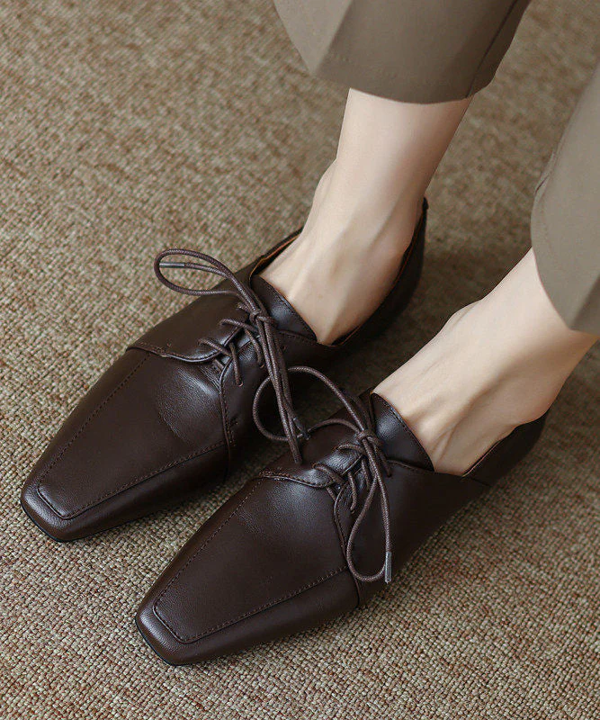 Women Grey Sheepskin Lace Up Splicing Square Toe Flat Shoes - Image 3