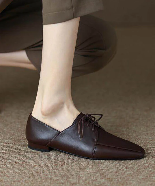 Women Grey Sheepskin Lace Up Splicing Square Toe Flat Shoes - Image 5