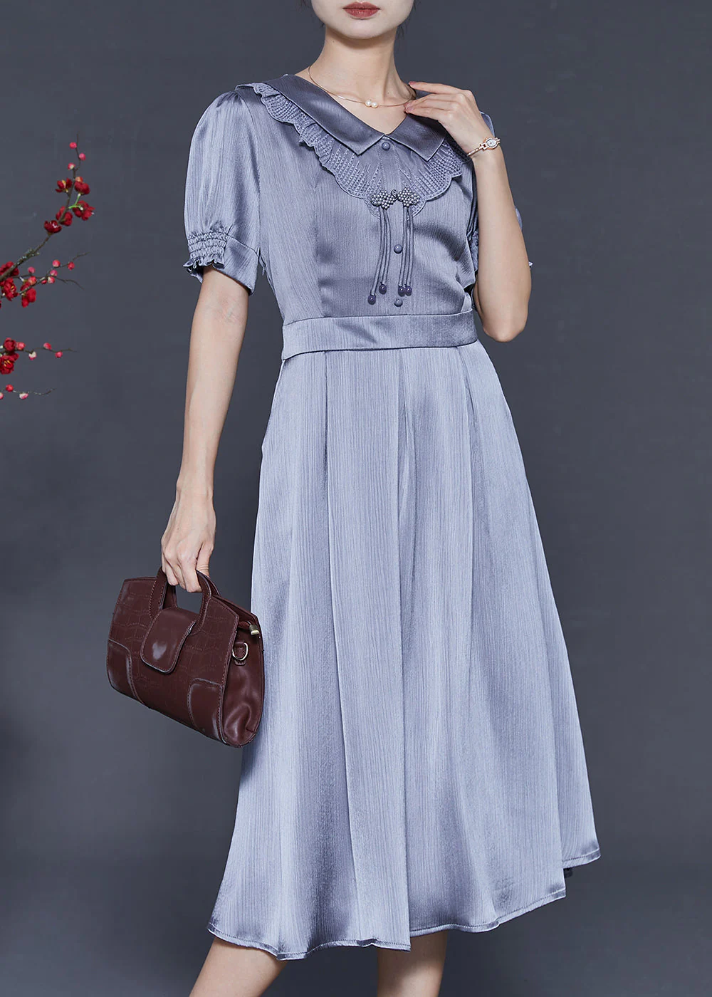Women Grey Tasseled Draping Silk Dresses Summer - Image 2