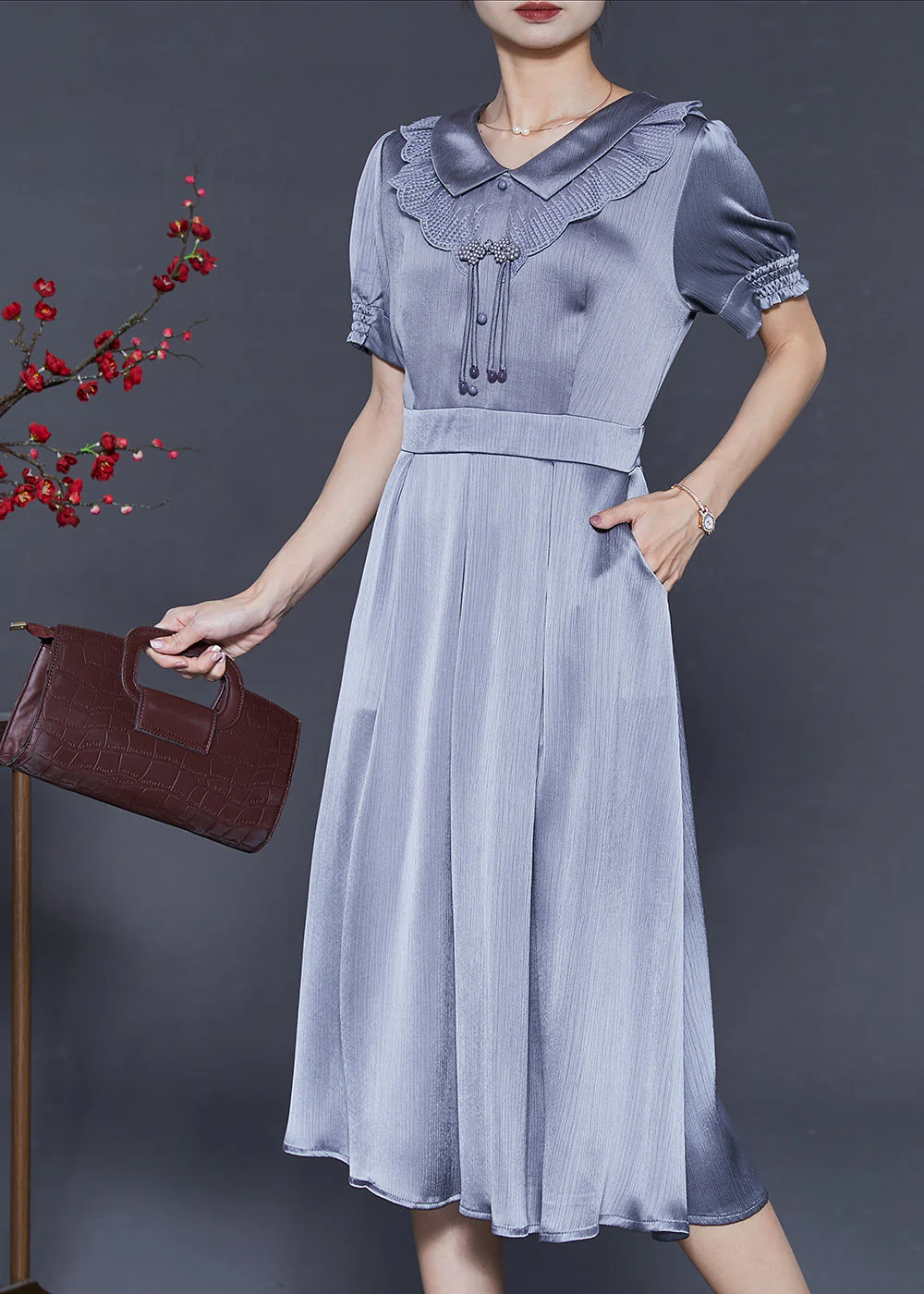 Women Grey Tasseled Draping Silk Dresses Summer - Image 3