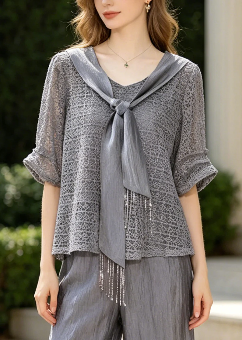 Women Grey Tasseled Hollow Out Knit Two Pieces Set Summer - Image 2