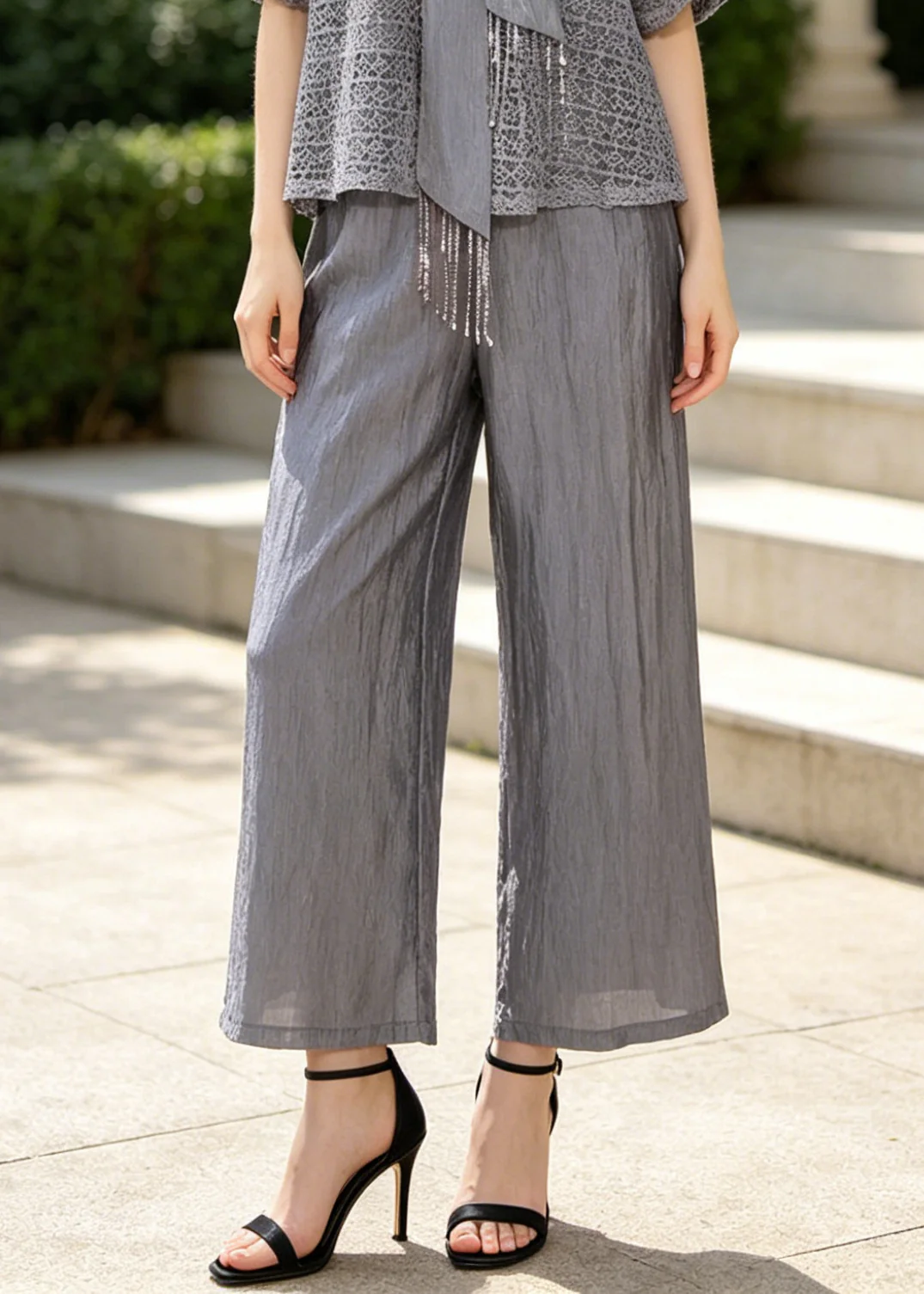 Women Grey Tasseled Hollow Out Knit Two Pieces Set Summer - Image 4