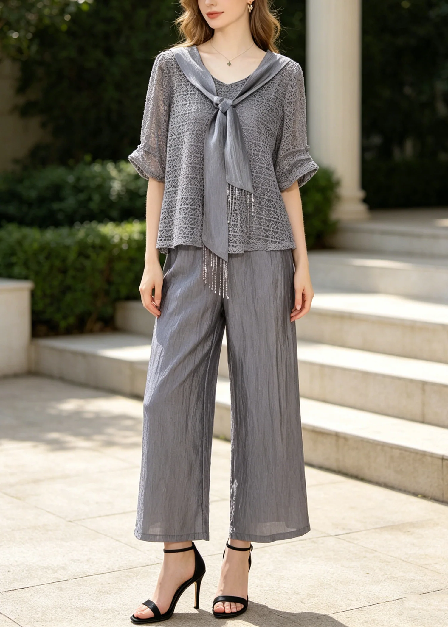 Women Grey Tasseled Hollow Out Knit Two Pieces Set Summer - Image 5
