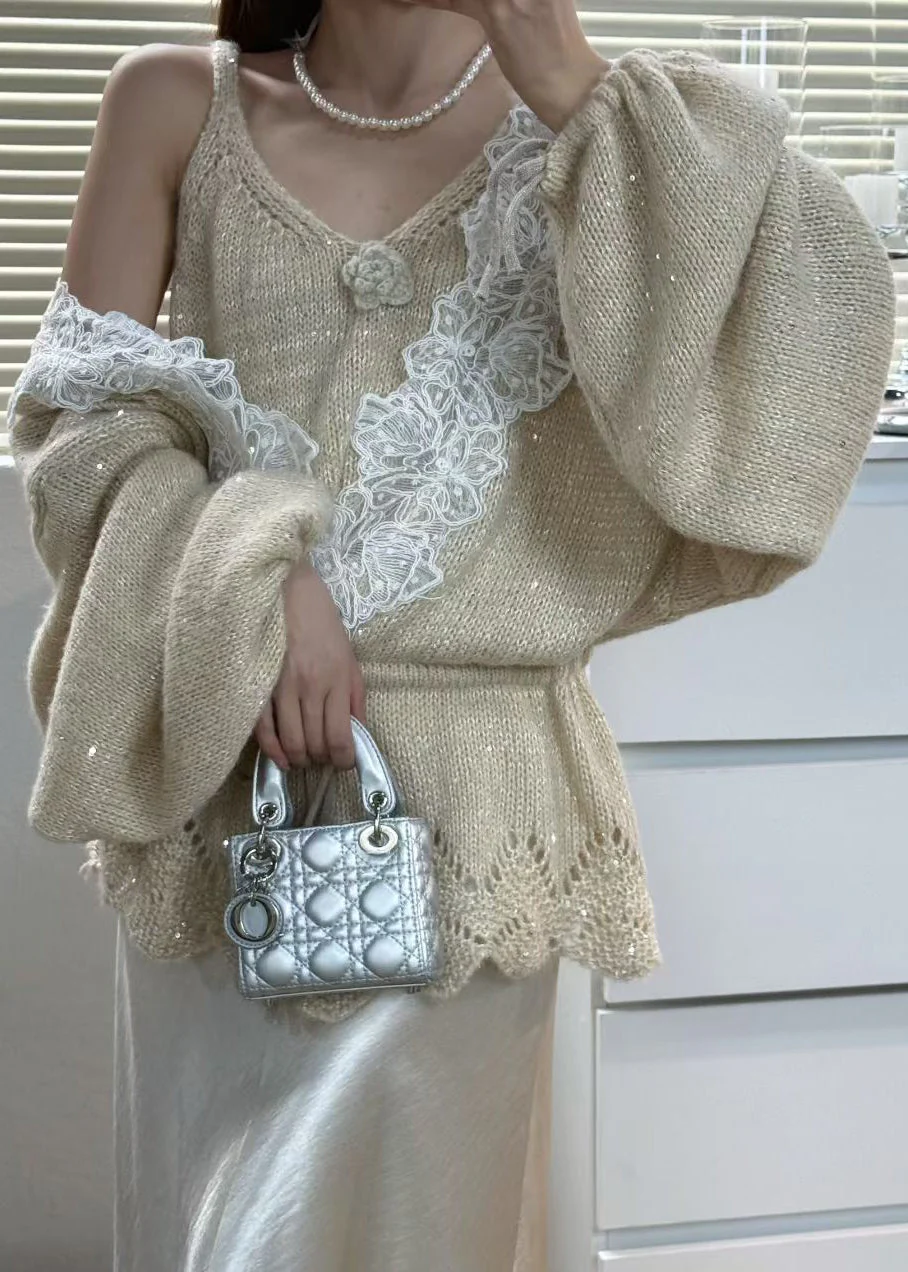 Women Grey Tie Waist Patchwork Lace Knit 2 Piece Outfit Winter - Image 3