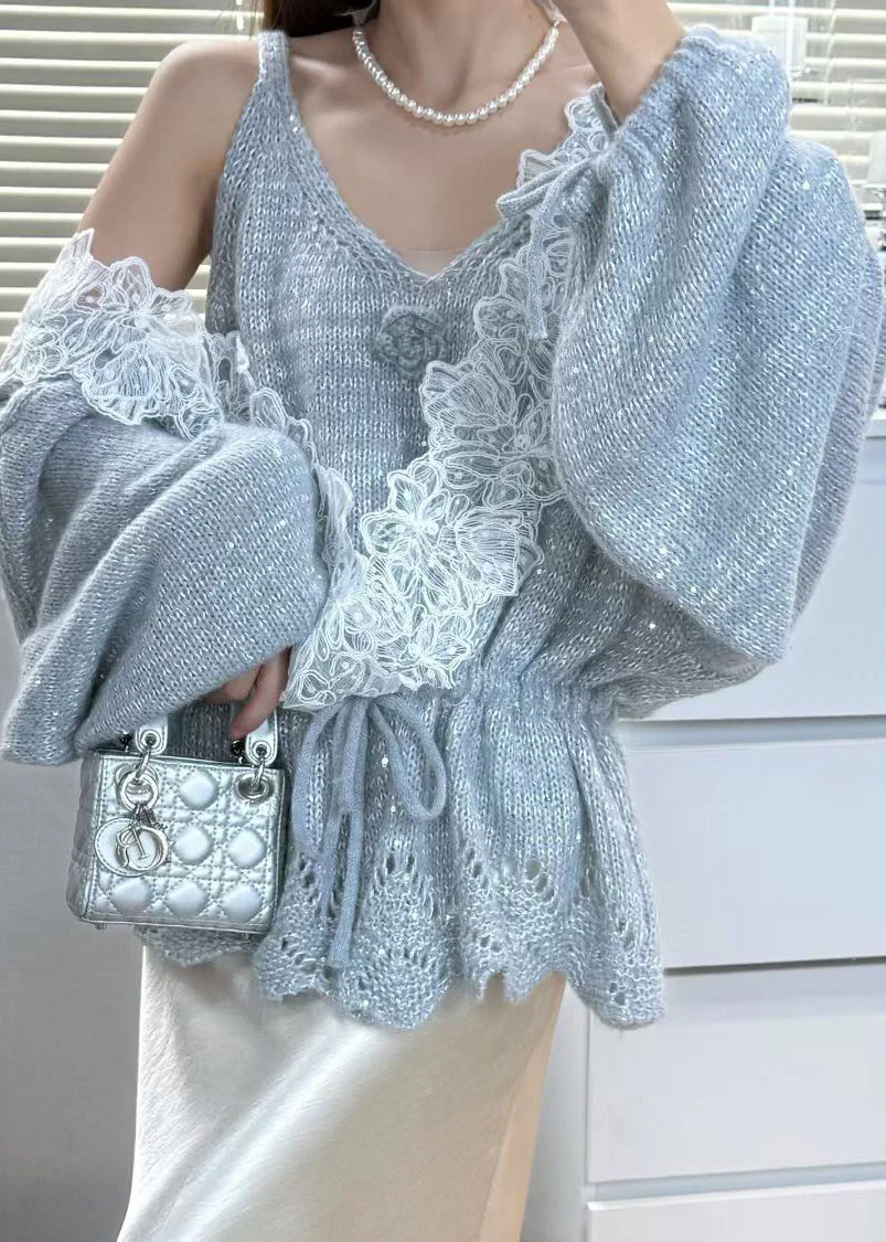 Women Grey Tie Waist Patchwork Lace Knit 2 Piece Outfit Winter - Image 4