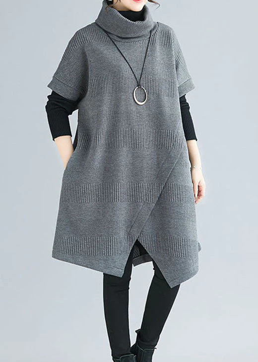 Women Grey Turtle Neck asymmetrical design Dresses Short Sleeve - Image 2