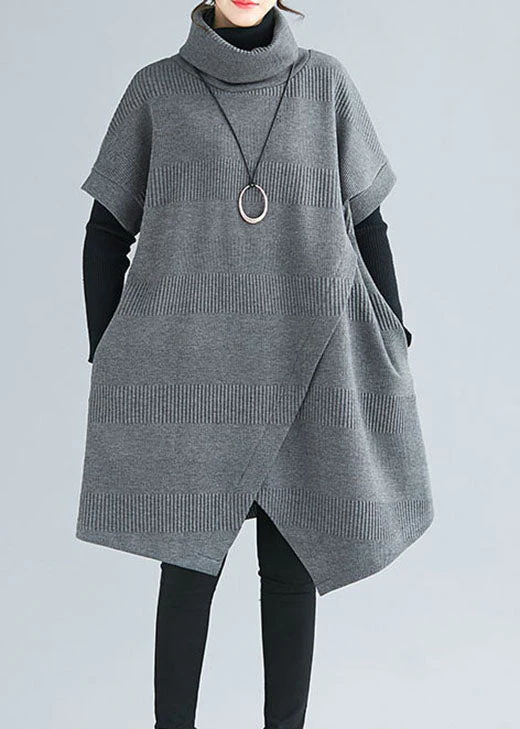 Women Grey Turtle Neck asymmetrical design Dresses Short Sleeve - Image 3