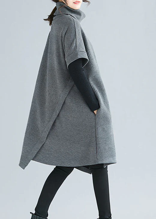 Women Grey Turtle Neck asymmetrical design Dresses Short Sleeve - Image 4