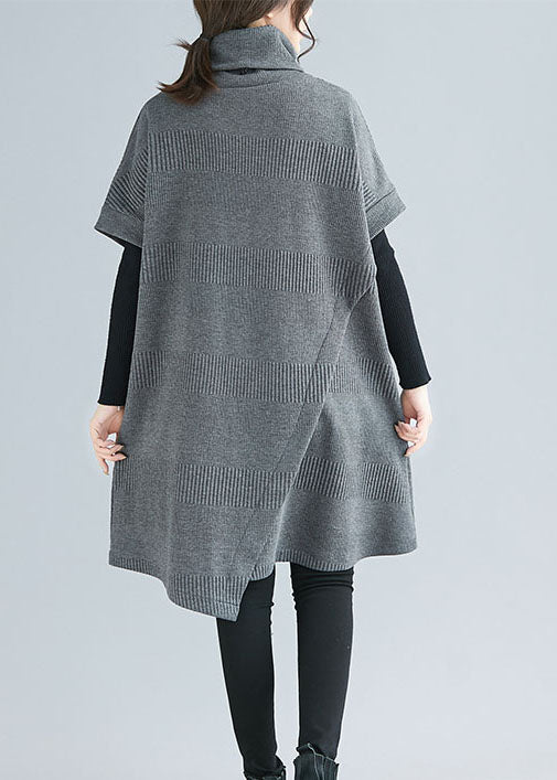 Women Grey Turtle Neck asymmetrical design Dresses Short Sleeve - Image 5