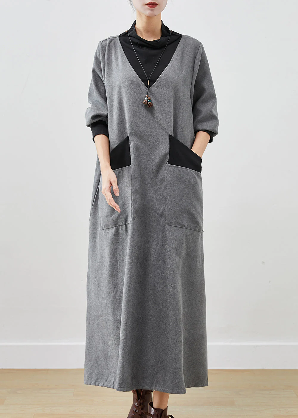 Women Grey Turtle Neck Patchwork Cotton Long Dress Fall - Image 2