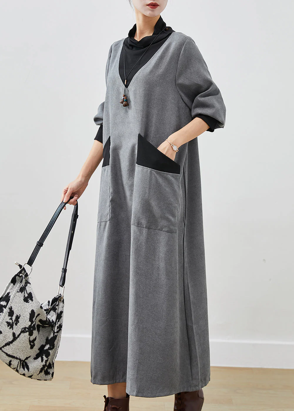 Women Grey Turtle Neck Patchwork Cotton Long Dress Fall - Image 3