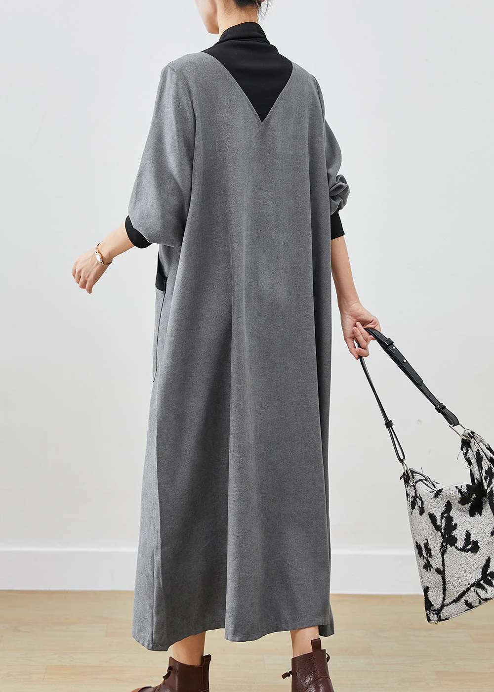 Women Grey Turtle Neck Patchwork Cotton Long Dress Fall - Image 4