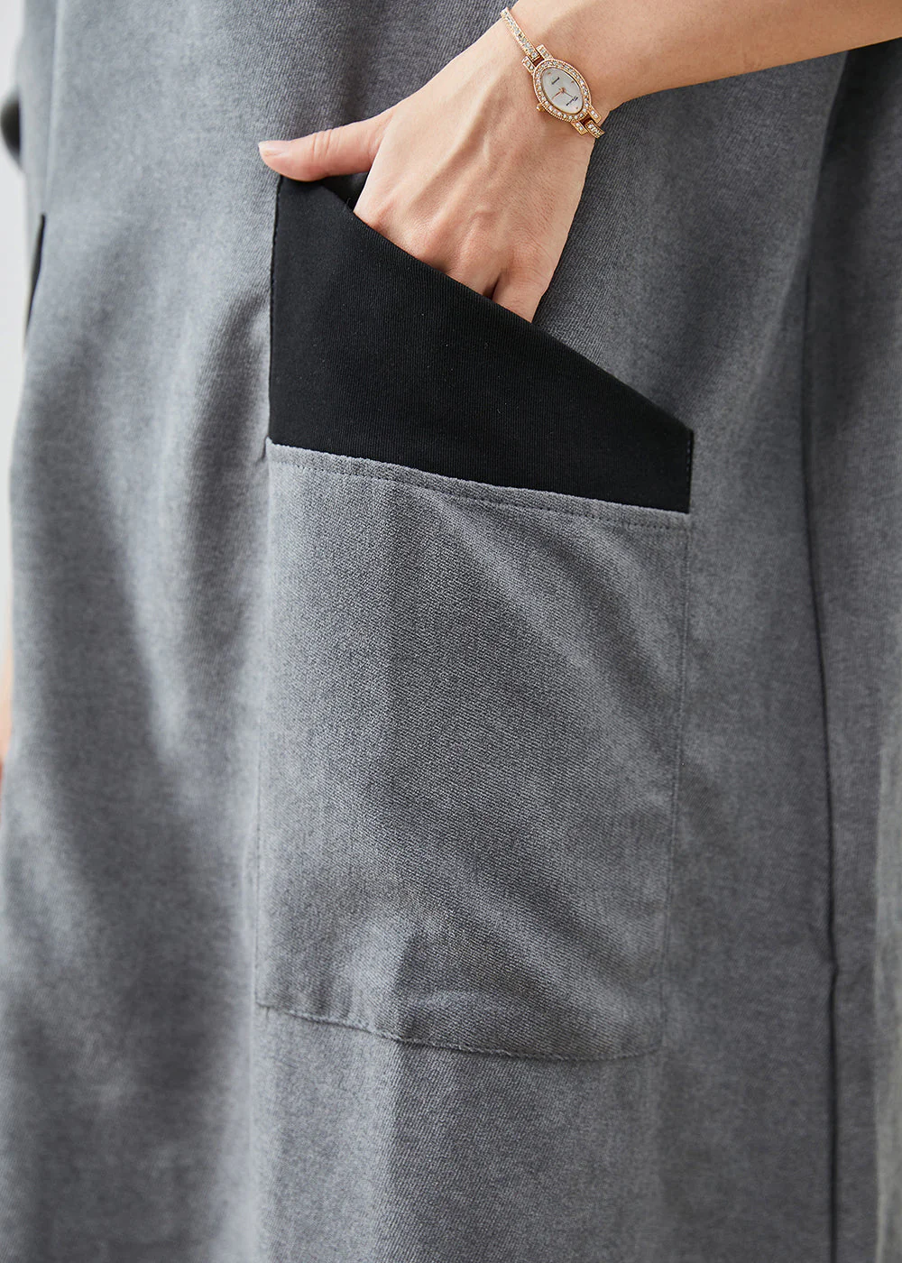 Women Grey Turtle Neck Patchwork Cotton Long Dress Fall - Image 5
