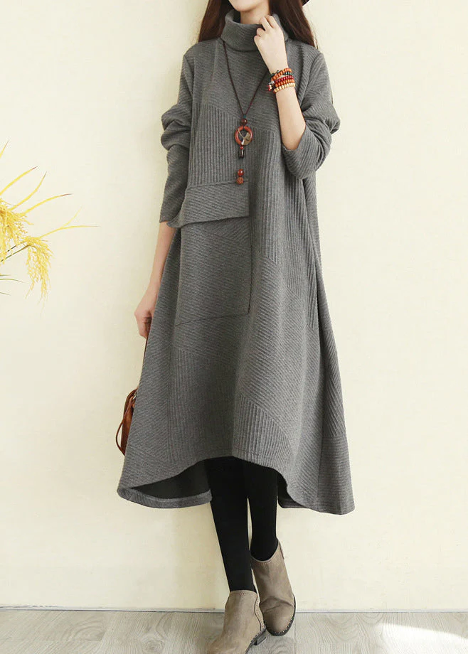Women Grey Turtle Neck pocket Knit Dress Long Sleeve - Image 2
