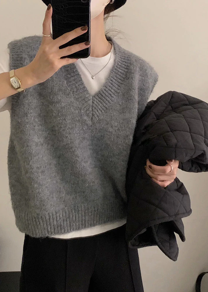 Women Grey V Neck Cozy Knit Vest Tops Sleeveless