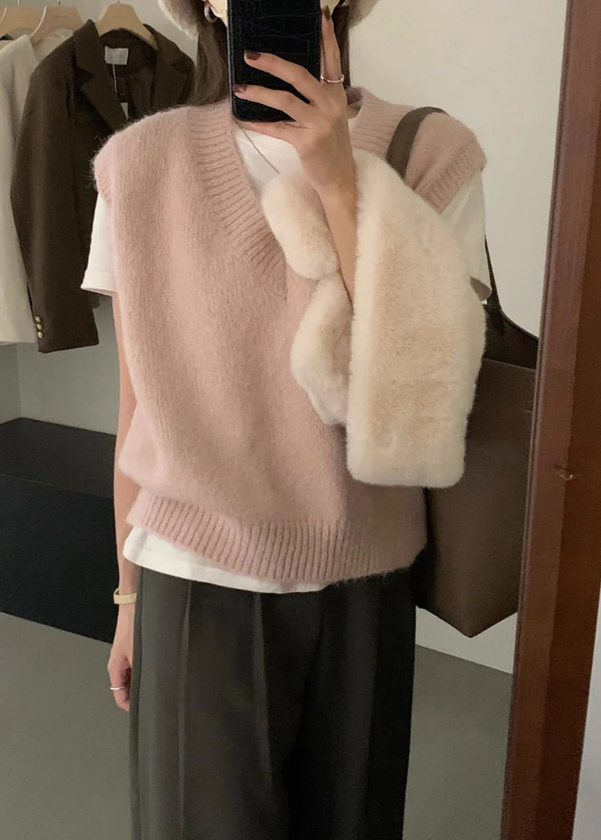 Women Grey V Neck Cozy Knit Vest Tops Sleeveless - Image 3