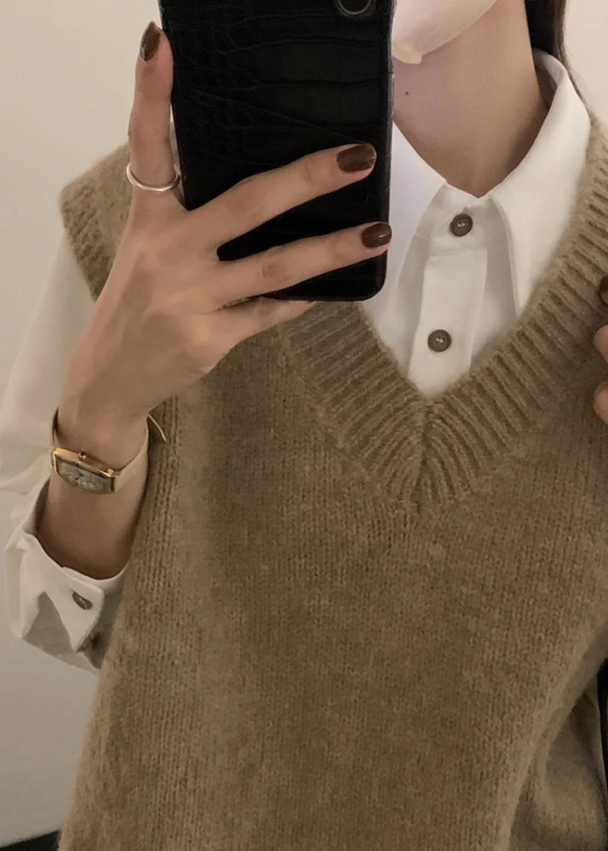 Women Grey V Neck Cozy Knit Vest Tops Sleeveless - Image 5