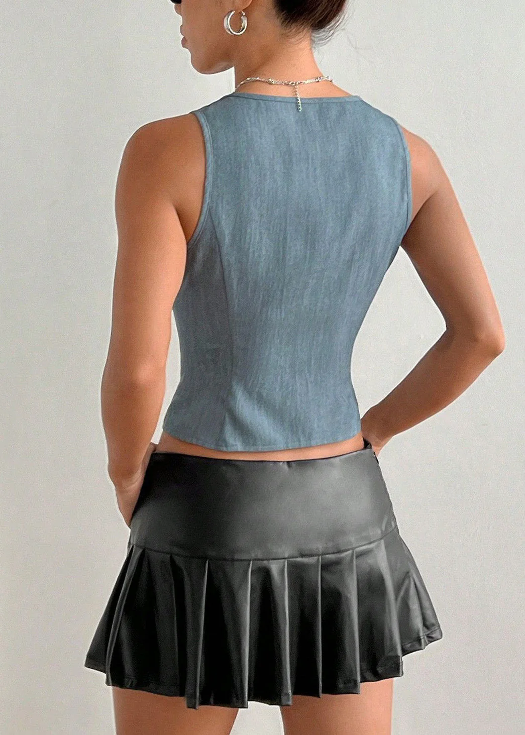 Women Grey V Neck Lace Up Cotton Tops Sleeveless - Image 5