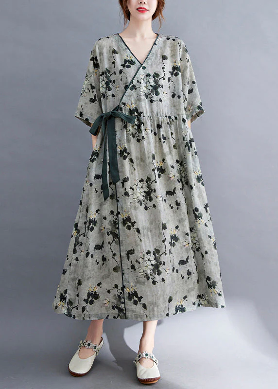 Women Grey V Neck Print Linen Long Dress Short Sleeve - Image 3