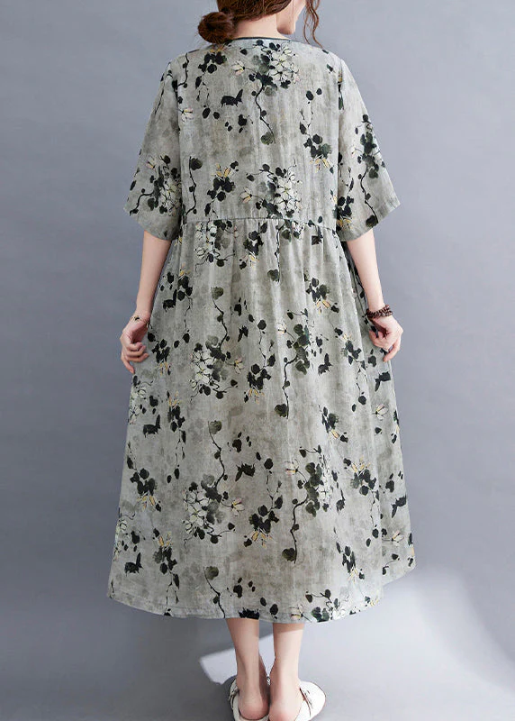 Women Grey V Neck Print Linen Long Dress Short Sleeve - Image 4
