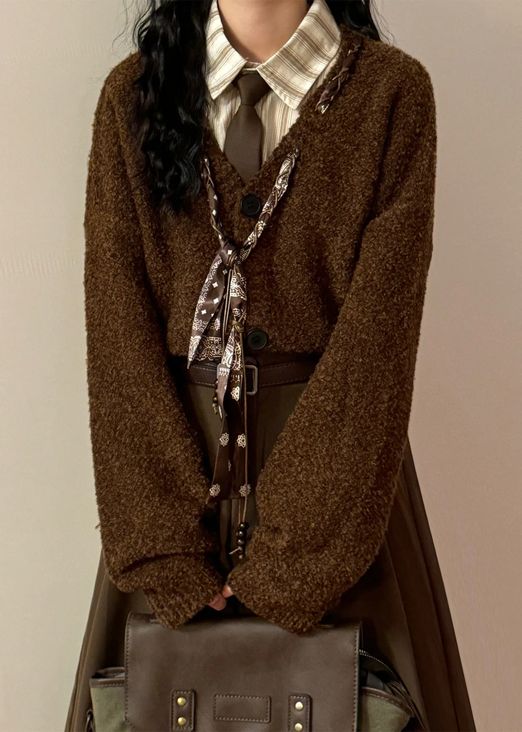 Women Grey V Neck Scarf Design Button Knit Coats Spring - Image 3