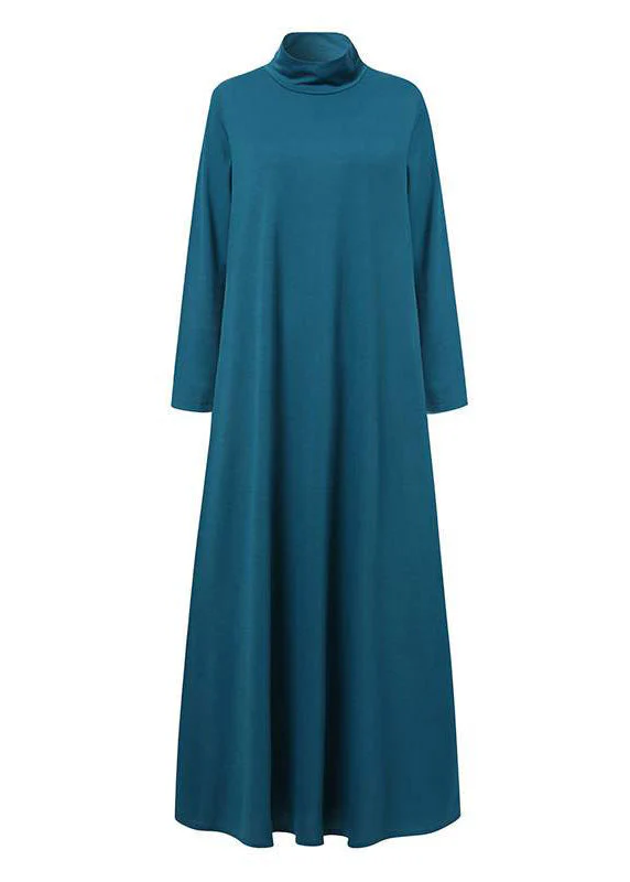 Women Grid Printed Button Down Front Elastic Cuff Bohemian O-Neck Maxi Shirt Dress Blue - Image 5