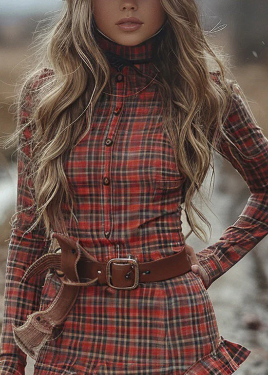 Women Hign Neck Plaid Ruffled Cotton Mini Dresses Long Sleeve - Image 2