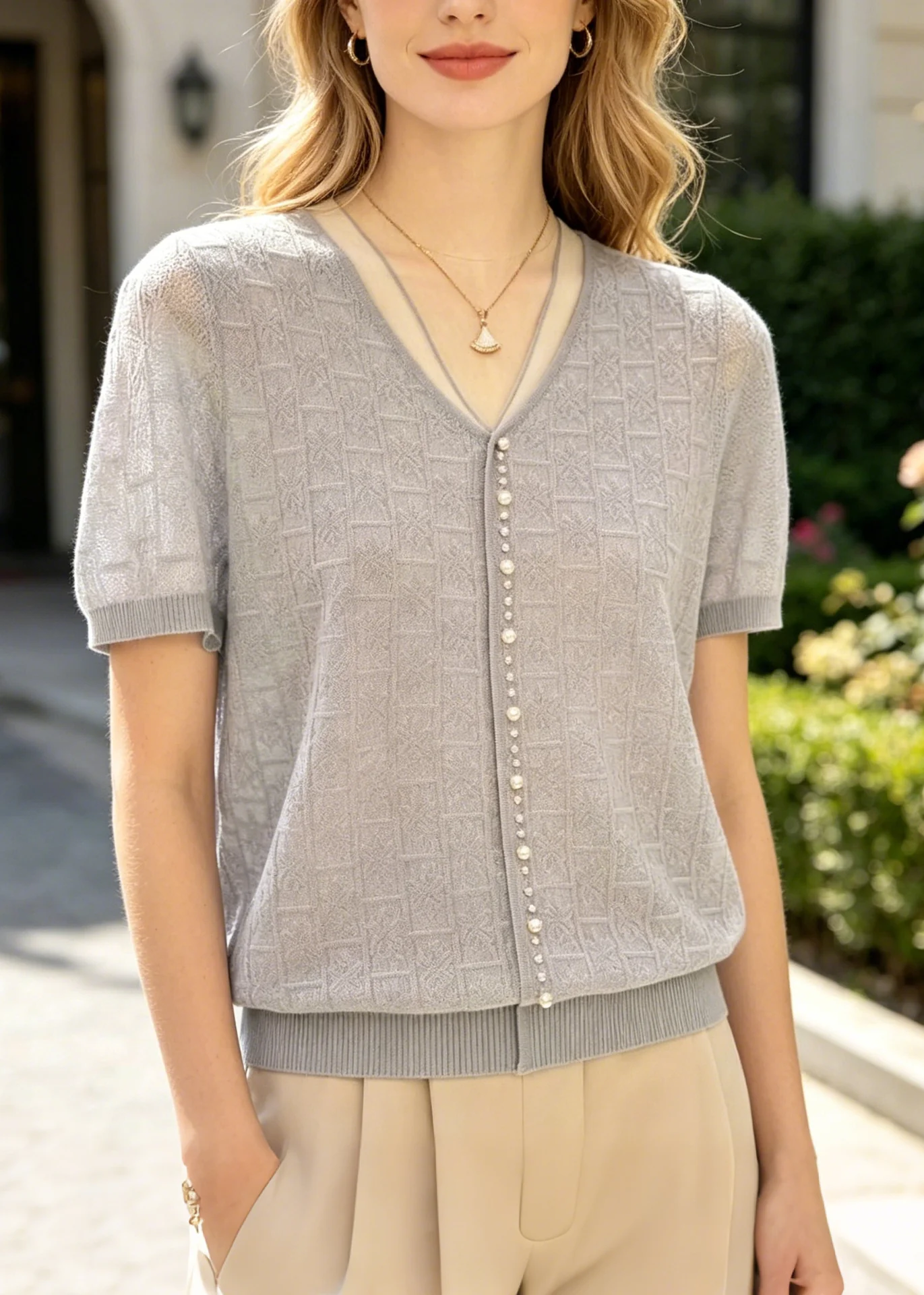 Women Jacquard Handmade Pearl Knit Top Summer - Image 3