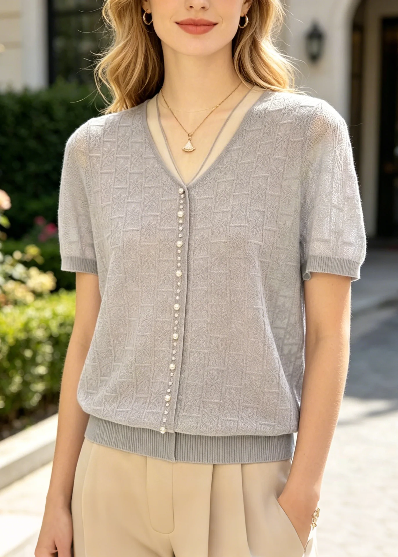Women Jacquard Handmade Pearl Knit Top Summer - Image 5